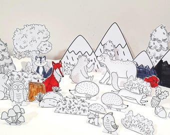 Wald Färbung Diorama, druckbare Wald Diorama, Wald Spielset, DIY Kinder Papier Szene Handwerk, Wald Rollenspiel, Tierpuppen