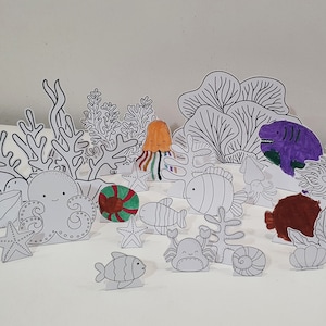 Diorama da colorare dell'oceano, Diorama della barriera corallina stampabile, Set da gioco dell'oceano, Scenario di carta fai da te per bambini, Gioco di finzione dell'oceano, Burattini di animali dell'oceano