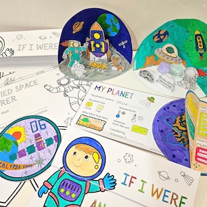 May include: A selection of colourful, hand-drawn space-themed educational materials. Includes a "Certified Space Explorer" certificate, "My Planet" worksheets, and circular cutouts with illustrations of astronauts, rockets, planets, and UFOs. The text "IF I WERE" is also visible.