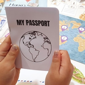 Paquete de actividades de viaje, diario de viaje para niños, tarjetas con lugares emblemáticos del mundo, preparar una maleta, crear una postal y sellos de viaje, estudio de banderas de países