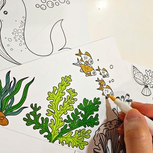 May include: A coloring page featuring a whale, seaweed, and fish. The fish are colored in a light yellow, and the seaweed is green. The whale is outlined in black. The words "The Leafy Earth" are visible in the bottom left corner.