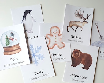 16 Winter Movement Cards for Kids, Christmas Movement Cards, Kids Action Cards, Circle Time, Educational Preschool, Kids Calm Down Activity