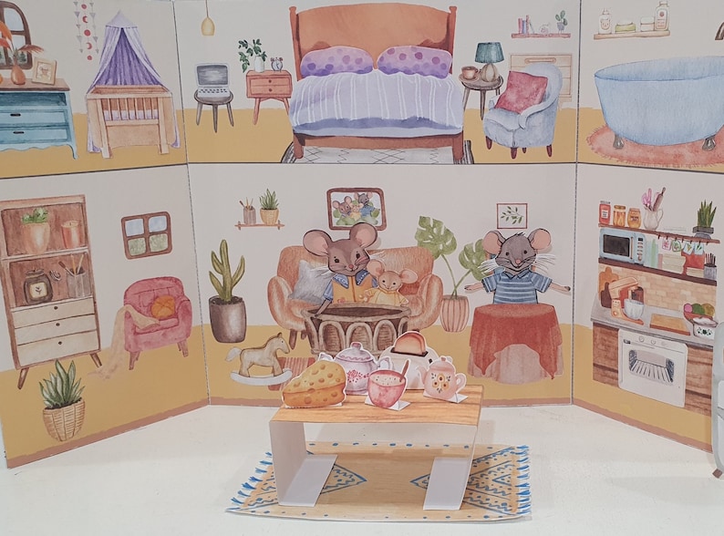 May include: A miniature dollhouse scene with a living room, bedroom, kitchen, and bathroom. The dollhouse is decorated with furniture, plants, and small animal figurines. The scene includes a rocking horse, a couch, a bed, a bathtub, and a kitchen counter.
