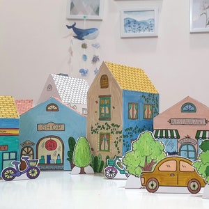 Set da colorare di case e edifici di carta, case giocattolo di carta, casa di carta stampabile, giocattolo di carta fai da te per bambini, da colorare e ritagliare, arti e mestieri
