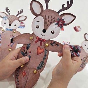 Articulated Reindeer Paper Dolls, Christmas Paper Doll Kit, DIY Kids Paper Crafts, Winter Woodland Animal Puppets, Build a Reindeer