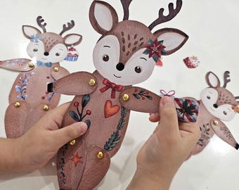 Muñecas de papel de reno articuladas, kit de muñecas de papel navideñas, manualidades de papel para niños, títeres de animales del bosque invernal, construye un reno