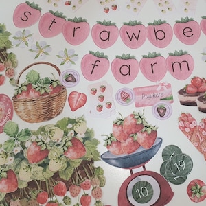 May include: A set of colorful felt pieces for a strawberry farm play set. The pieces include letters spelling "strawberry farm", a basket of strawberries, a scale with strawberries, and a sign that says "Pay here".