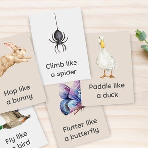 20 Animal Movement Cards, Movement Activity, Action Cards, Circle Time, Educational Preschool, Calm Down Activity, Montessori Flashcards