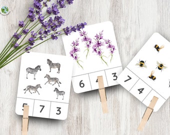 20 Count and Clip Cards, Number Peg Cards, Preschool Activity, Numbers for Toddlers, Printable Flashcards, Counting games, Nature Study