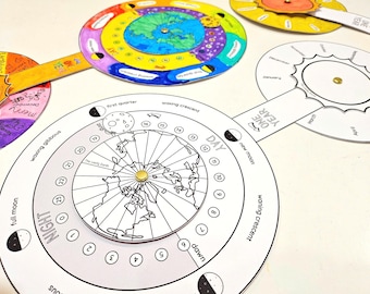 Earth Rotation Day and Night Moon Phases and Time Zone Interactive Model Coloring, Calendar Wheel, Kids Crafts, Understanding Time, Space