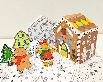 Gingerbread House Craft, 3D Christmas Paper House Coloring, Holiday Paper Craft, Printable Paper House, DIY Kids Paper Toy, Winter Crafts