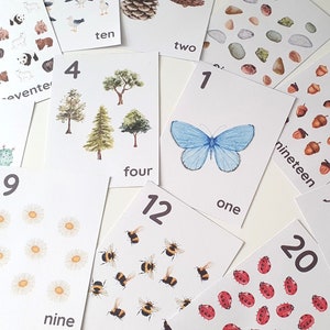 Fichas de números del 1 al 20 sobre la naturaleza, imprimibles para preescolar, recursos para la educación en el hogar, fichas Montessori, educativas, para el aula, fichas de números