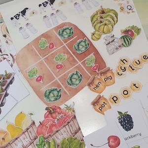 Pack d'activités à la ferme, 48 cartes-éclair sur les fruits et légumes, construction de mots CVC, ferme que j'espionne, jeu de mémoire, panier du matin pour les enfants d'âge préscolaire, mathématiques précoces