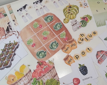 Farm Activity Pack, 48 Fruit and Vegetable Flashcards, Building CVC Words, Farm I Spy, Memory Game, Preschool Morning Basket, Early Math