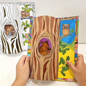 May include: Hand-colored artwork of a tree with an owl family in a hollow. The artwork is open, revealing a squirrel holding an acorn. The pages are decorated with colorful branches, owls, and a vibrant blue and yellow background.
