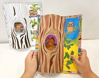 3D Woodland Tree Craft Coloring, Owl Squirrel Paper Craft, Printable Autumn Craft, Woodland Creatures, Woodland Animal Habitat, Forest