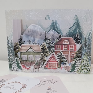 Casas de Natal Pop up para impressão, Cartão de felicitações pop up, Cena de Natal, Artesanato em papel, Decoração de Natal DIY, Casas de papel, Vila de Natal