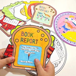 May include: Colorful, handmade book report templates in the shape of sandwiches and circles. The main template reads "Book Report" and features text from "Percy Jackson and the Olympians: Wrath of the Triple Goddess" by Rick Riordan.