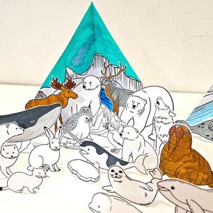Triorama da colorare dell'habitat polare, scene artiche e antartiche stampabili, lavoretti fai da te per bambini con l'habitat di carta, progetto scientifico, pupazzi di animali polari