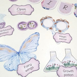 May include: A set of printable party decorations featuring a fairy theme. The decorations include a butterfly, a magic mirror, a potion bottle, and a fairy wings sign. The decorations are all in a pastel color scheme and have a whimsical feel.