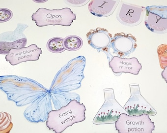 May include: A set of printable party decorations featuring a fairy theme. The decorations include a butterfly, a magic mirror, a potion bottle, and a fairy wings sign. The decorations are all in a pastel color scheme and have a whimsical feel.