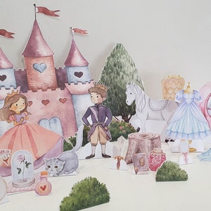 Set da gioco stampabile del castello della principessa, set di giocattoli di carta da favola, lavoretti di carta fai da te per bambini, bambole di carta principessa principe drago bestia rana cavallo
