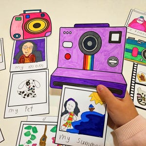 Afdrukbaar met papieren camera, Eindejaar, Terug naar school, All About Me-ambacht, Herinneringssnapshots, Moederdag, Papierkunst voor kinderen, Tekenen, Knippen, Kleur