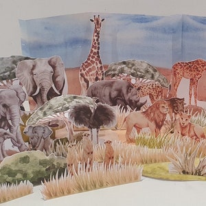 Costruisci una savana, diorama stampabile, set da gioco habitat, scena di carta safari, lavoretti fai da te con la carta per bambini, gioco di finzione estivo, burattini con animali della savana