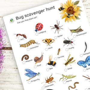 Caccia al tesoro degli insetti, caccia al tesoro nella natura stampabile, attività di campeggio per bambini, attività all'aperto, educazione alla natura, giochi stampabili