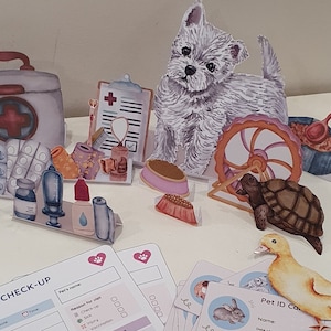 Druckbares Spielset für Tierärzte, so tun, als würden Sie es spielen lassen, Dramatisches Spiel für Kinder, Tierheim Rollenspiel
