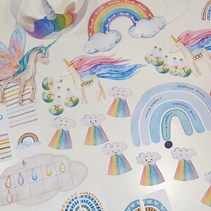 May include: A set of colorful educational flashcards featuring rainbows, clouds, unicorns, and other whimsical illustrations. The cards include words like "even", "odd", "breathe in", and "breathe out".