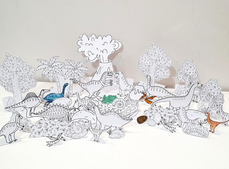 Dinosaur Coloring Diorama, Printable Diorama, Dinosaur Playset, DIY Kids Paper Scene Crafts, Dinosaur Pretend Play, Dinosaur Paper Puppets image 3