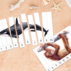 20 rompecabezas de números de animales salvajes, contar del 1 al 10, contar de 10 en 10, contar de 5 en 5, contar de 1 en 1, rompecabezas de secuenciación de números, actividad de matemáticas Montessori