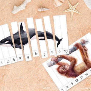 20 Wildlife Animal Number Puzzles, Counting 1-10, Count by 10, Count by 5, Count by 1, Number Sequencing Puzzle, Montessori Math Activity