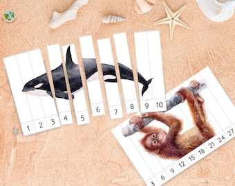 20 Wildlife Animal Number Puzzles, Counting 1-10, Count by 10, Count by 5, Count by 1, Number Sequencing Puzzle, Montessori Math Activity