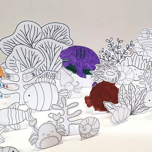 Ocean Coloring Diorama, Printable Coral Reef Diorama, Ocean Playset, DIY Kids Paper Scene Craft, Ocean Pretend Play, Ocean Animal Puppets image 3