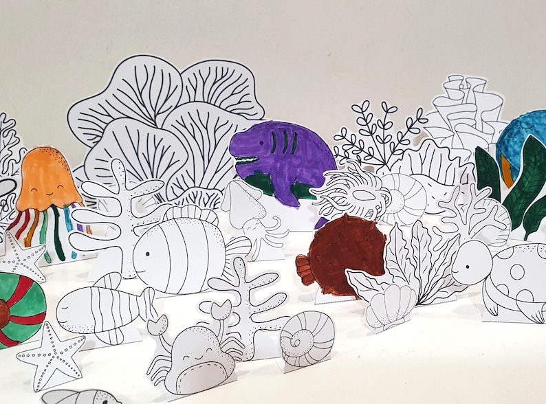 Ocean Coloring Diorama, Printable Coral Reef Diorama, Ocean Playset, DIY Kids Paper Scene Craft, Ocean Pretend Play, Ocean Animal Puppets image 3