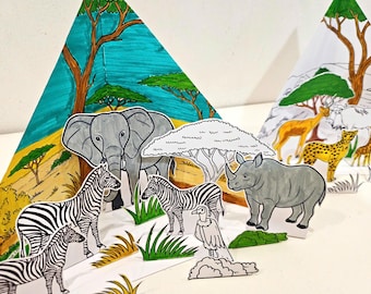 Savanne Färbung Triorama, Safari Szenen, DIY Kinder Papier Habitat Handwerk, Wissenschaftsprojekt, Safari Tier Papierpuppen, Afrikanische Wildtiere