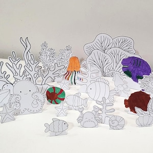 Diorama para colorear del océano, diorama imprimible de arrecife de coral, juego de océano, manualidades de papel para niños, juego de simulación del océano, títeres de animales del océano