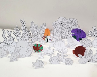 Ocean Coloring Diorama, Printable Coral Reef Diorama, Ocean Playset, DIY Kids Paper Scene Craft, Ocean Pretend Play, Ocean Animal Puppets