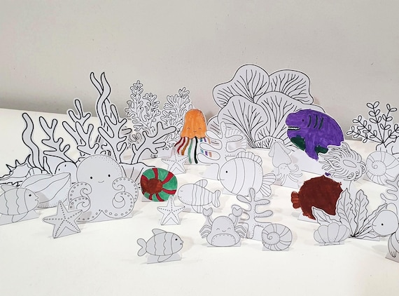 Ocean Coloring Diorama, Printable Coral Reef Diorama, Ocean Playset, DIY Kids Paper Scene Craft, Ocean Pretend Play, Ocean Animal Puppets