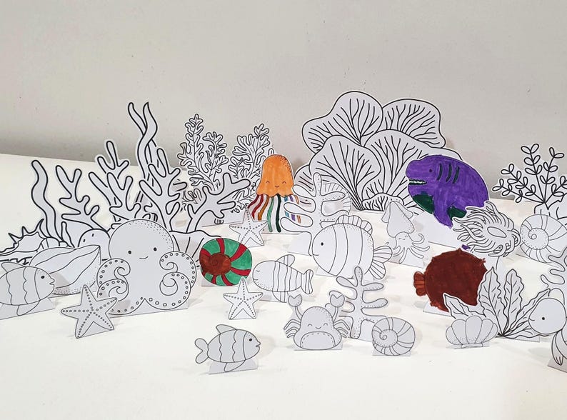 Ocean Coloring Diorama, Printable Coral Reef Diorama, Ocean Playset, DIY Kids Paper Scene Craft, Ocean Pretend Play, Ocean Animal Puppets image 1