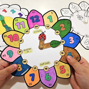 Papieruhr Math Craft, eine Uhr bauen, die Zeit sagen, DIY Kinder saisonales Papierhandwerk, Farbe und Schnitt, druckbares lernfähiges Kinderpapierspielzeug