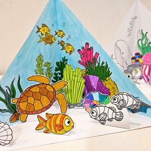 Triorama da colorare sull'oceano, scena di barriera corallina stampabile, lavoretti fai da te per bambini con habitat di carta, progetto scientifico sull'oceano per bambini, pupazzi di carta con animali dell'oceano