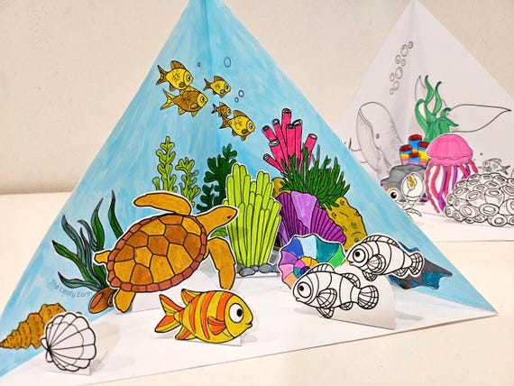 Ocean Coloring Triorama, Printable Coral Reef Scene, DIY Kids Paper Habitat Craft, Kids Ocean Science Project, Ocean Animal Paper Puppets