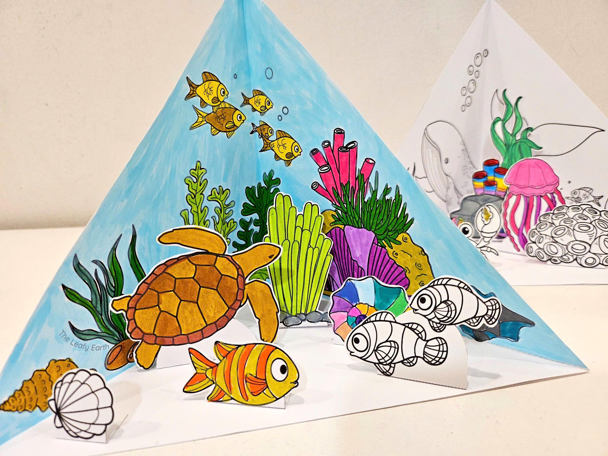 Ocean Coloring Triorama, Printable Coral Reef Scene, DIY Kids Paper Habitat Craft, Kids Ocean Science Project, Ocean Animal Paper Puppets
