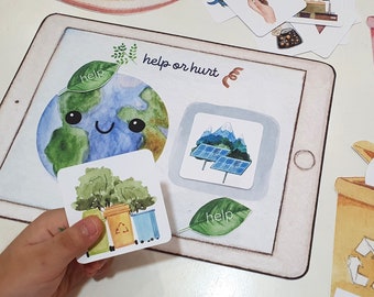 Juego Ayuda o daña la Tierra, Actividad de clasificación de residuos para reciclaje, Actividades del Día de la Tierra para niños, Juego de reciclaje, Juego de educación ambiental