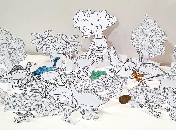 Dinosaur Coloring Diorama, Printable Diorama, Dinosaur Playset, DIY Kids Paper Scene Crafts, Dinosaur Pretend Play, Dinosaur Paper Puppets