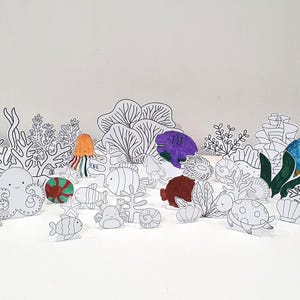 Ocean Coloring Diorama, Printable Coral Reef Diorama, Ocean Playset, DIY Kids Paper Scene Craft, Ocean Pretend Play, Ocean Animal Puppets image 4
