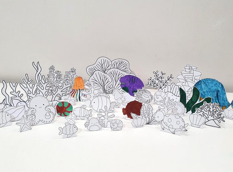Ocean Coloring Diorama, Printable Coral Reef Diorama, Ocean Playset, DIY Kids Paper Scene Craft, Ocean Pretend Play, Ocean Animal Puppets image 4